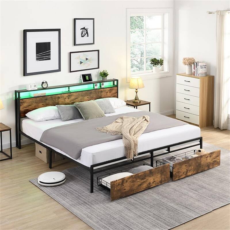 Dark Brown Wood Platform Bed Frame with Storage Headboard &Charging