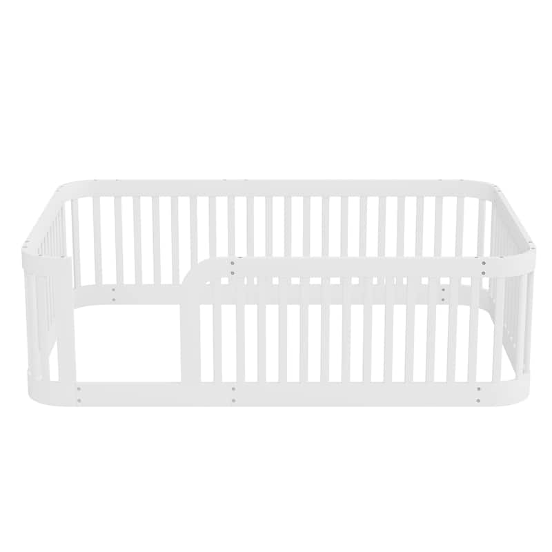 Toddler Floor Bed Wood Bed Frame with Without Slats and Rounded Corners Design, Kids Bed with Safety Fence for Boys Girls