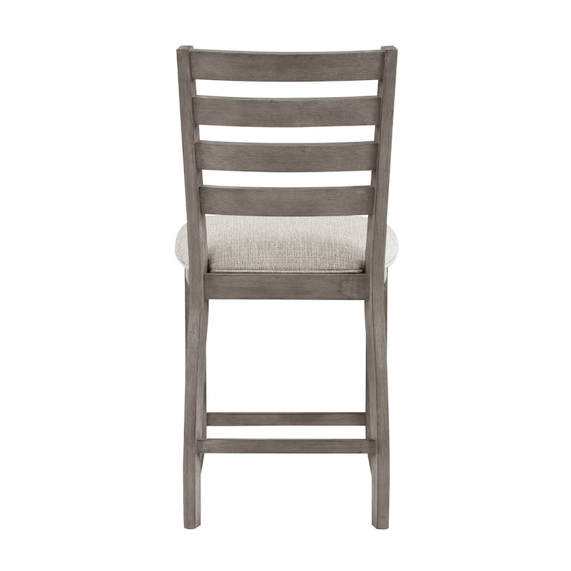 Trea 26 Inch Counter Height Chair, Ladder Back, Polyester, Gray Solid Wood