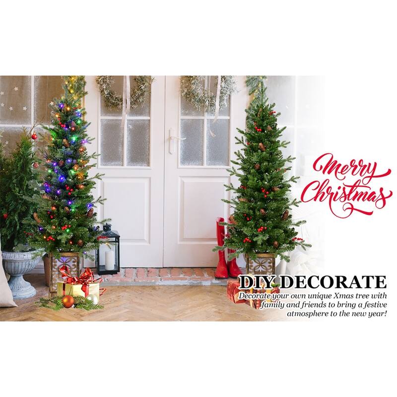 4FT Pre-Lit Green Christmas Tree with Glitter Base-100 Multicolor LED Lights,396 Tips,Berries & Pine Cones,PE/PVC Full Branches