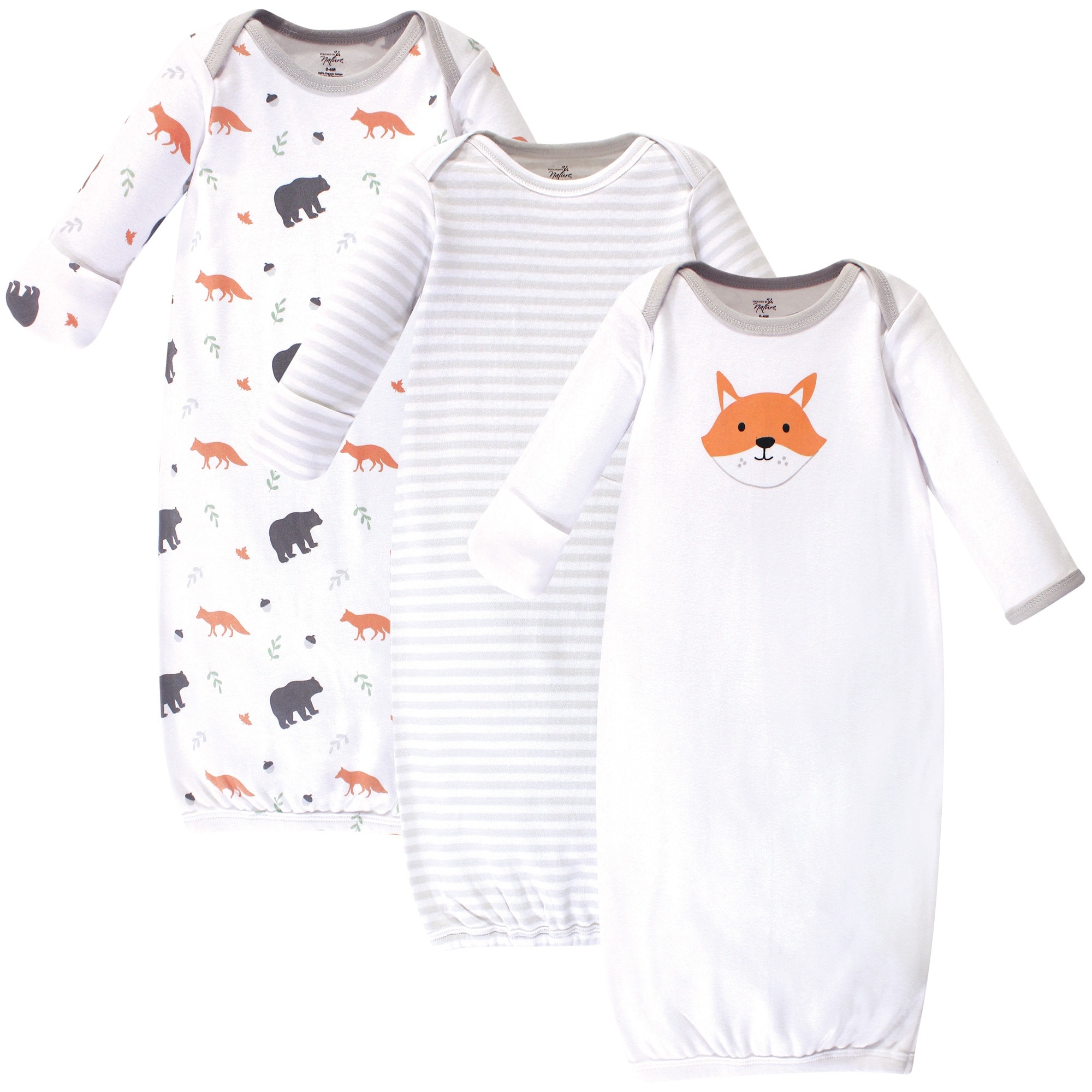 Touched by Nature Baby Boy Organic Cotton Long-Sleeve Gowns 3pk, Gray Fox