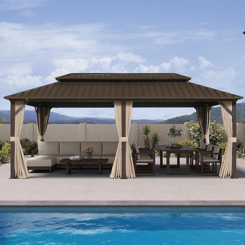 PURPLE LEAF Gazebo Outdoor Gazebo with Dual-Layer Galvanized Steel Double Roof Aluminum Gazebo with Netting and Curtains Bronze - 10' x 20' - Beige