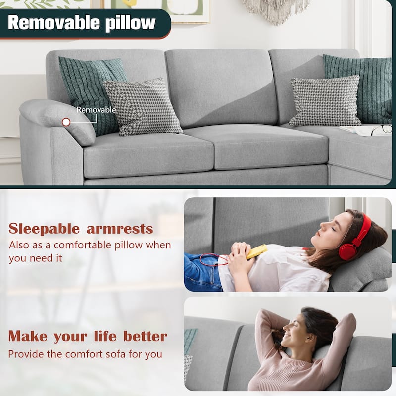 Futzca ​Sectional Sofa Couch, 3 Seat L Shaped Sofa with Removable Pillows