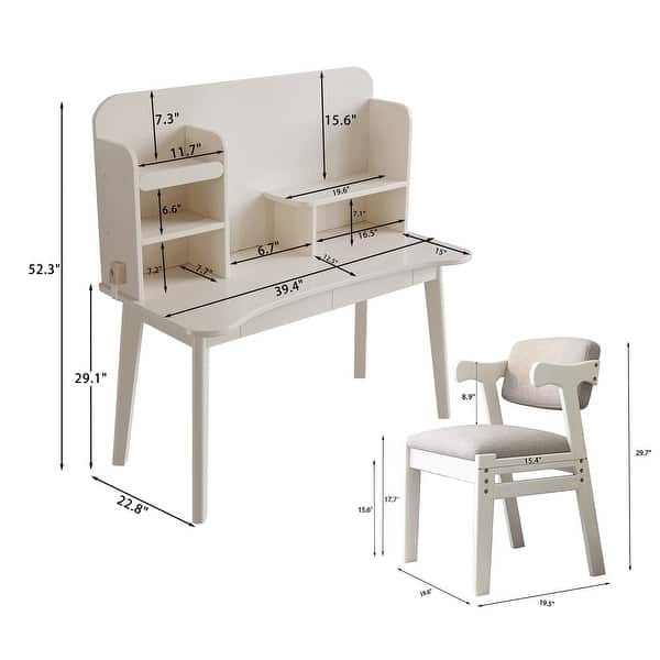 dimension image slide 1 of 3, Kids Desk with Chair, Student Desk Multi-Tier Organizer, Solid Wood Bookshelf with Drawers