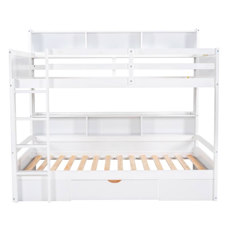 White Twin Bunk Bed with Storage Shelves and Large Under-Bed Drawer, No Box Spring Needed