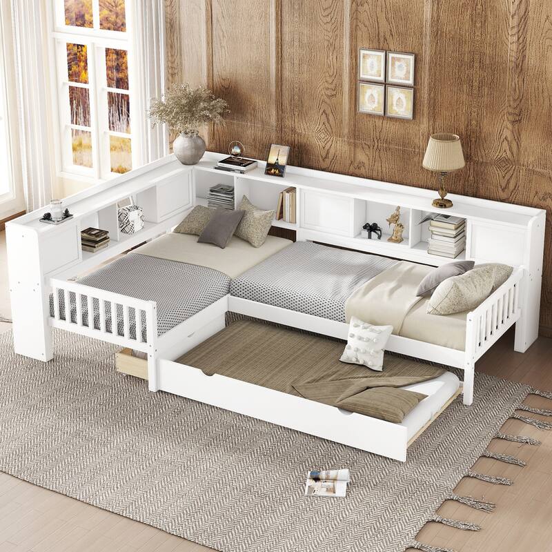 L Shaped Twin Platform Bed with Pull Out Trundle and Drawer, Solid Wood Twin Size Bed Frame with L Shaped Storage Bookcases
