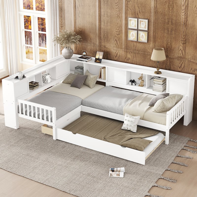 L-shaped Bunk Platform Bed Twin Size Solid Wood Storage Bedframe with Trundle, Drawer and Open Shelves for Boys, Girls, Kids - White - Twin