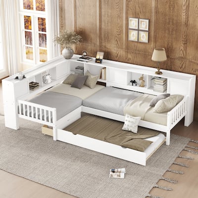 L-shaped Bunk Platform Bed Twin Size Solid Wood Storage Bedframe with Trundle, Drawer and Open Shelves for Boys, Girls, Kids