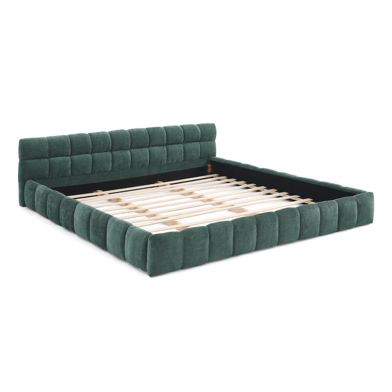California King Size Chenille Fabric Bed Frame, Upholstered Grounded Platform Bed with Headboard, No Box Spring Needed