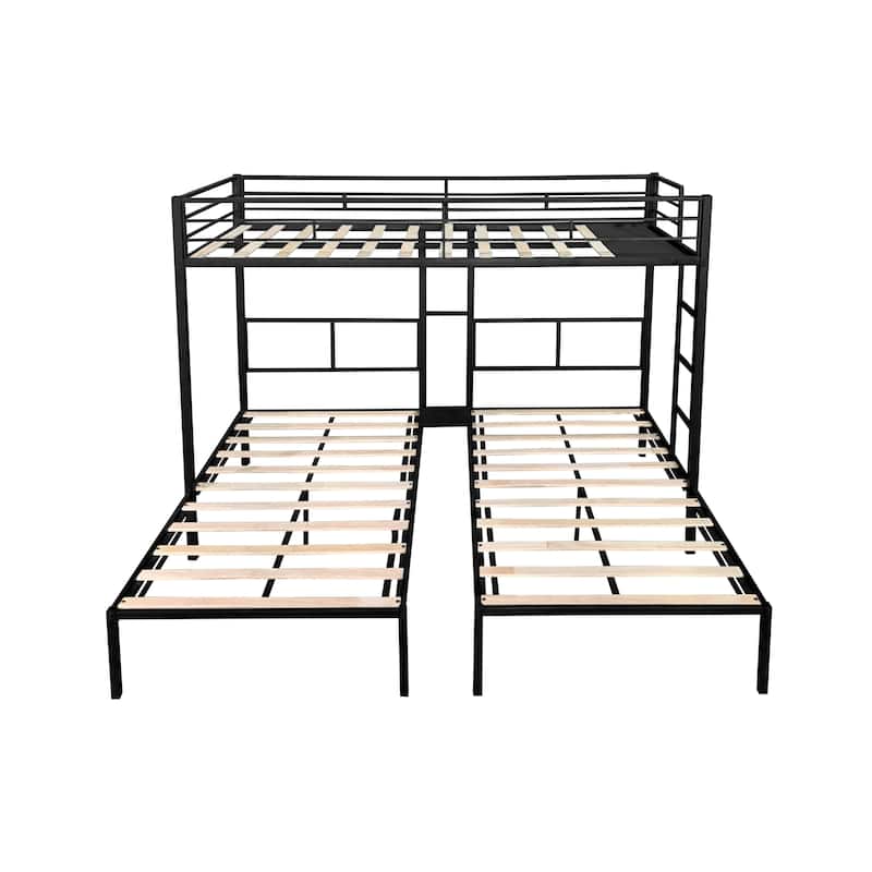 Space-Saving Triple Bunk Bed with Metal Frame, Wooden Slats, and Safety Guardrails