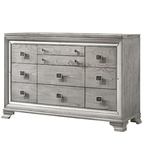 Beaded Wooden Frame Dresser with 10 Drawers, Gray and Silver
