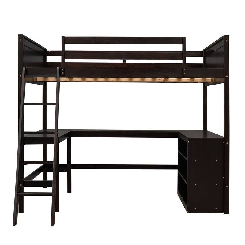 Space-Saving Full Size Loft Bed with Shelves and Desk in Espresso Finish