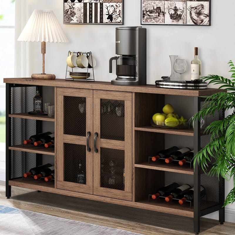 Industrial Wine Bar Cabinet Wood Buffet Cabinet Wine Rack Sideboard - 55“W - brown
