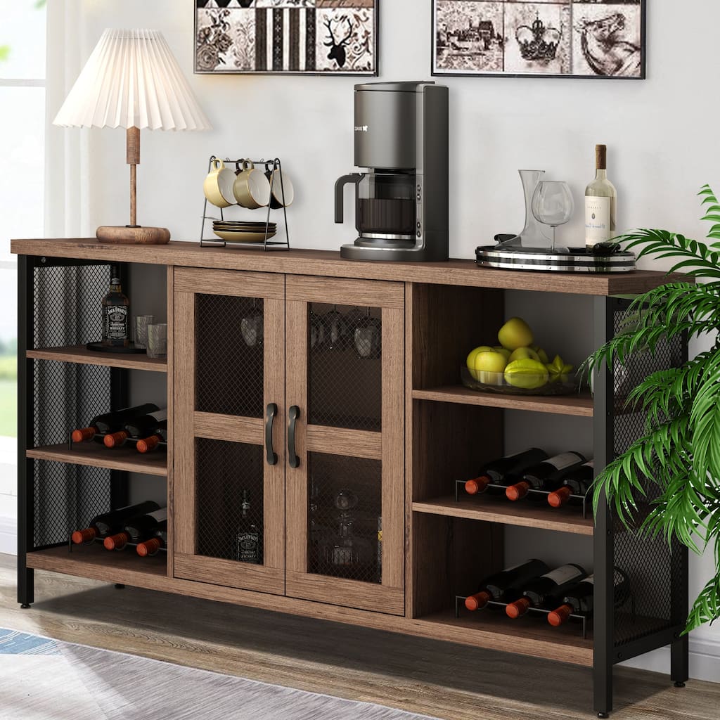 Industrial Wine Bar Cabinet Wood Buffet Cabinet Wine Rack Sideboard - 55“W