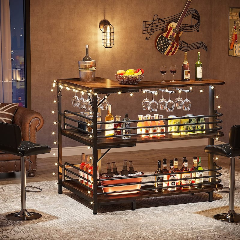 3 Tier Industrial Home Bar Unit L-Shaped Liquor Bar Table - Brown