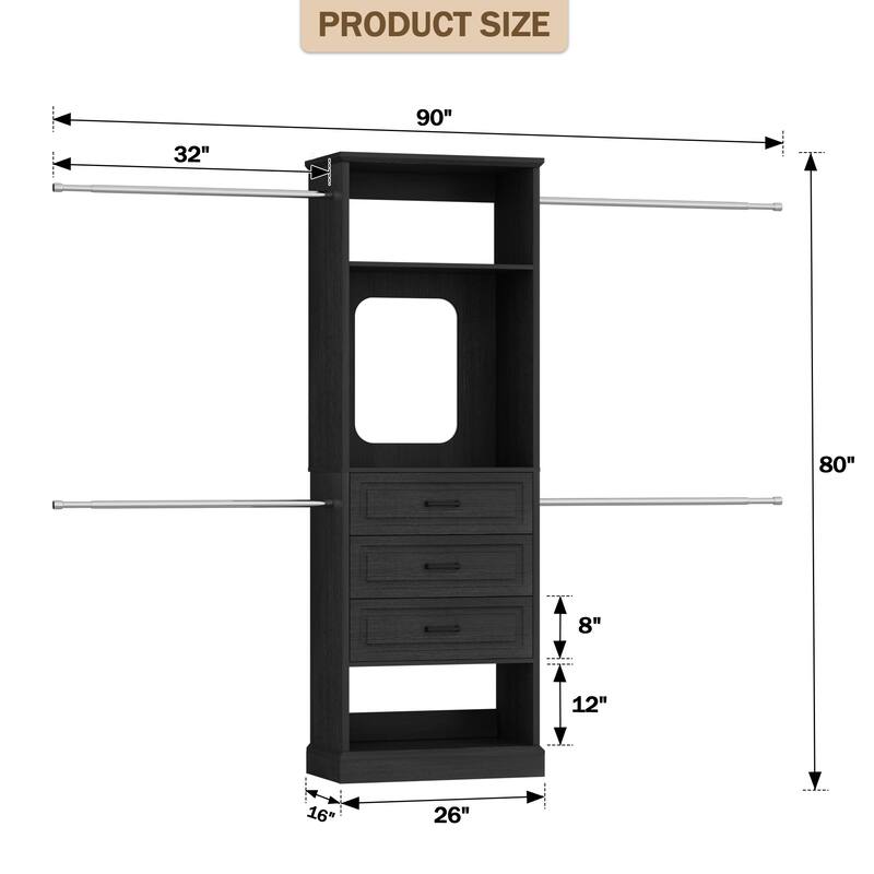 90'' W Closet System with Extendable Hanging Rods & Mirror,Walk-in Closet Organizer System Starter Kit with Drawers