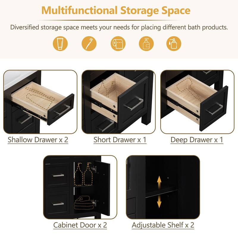36-inch Free-standing Bathroom Vanity with Resin Undermount Sink, 4 Drawers, 2 Doors, Adjustable Storage Shelves