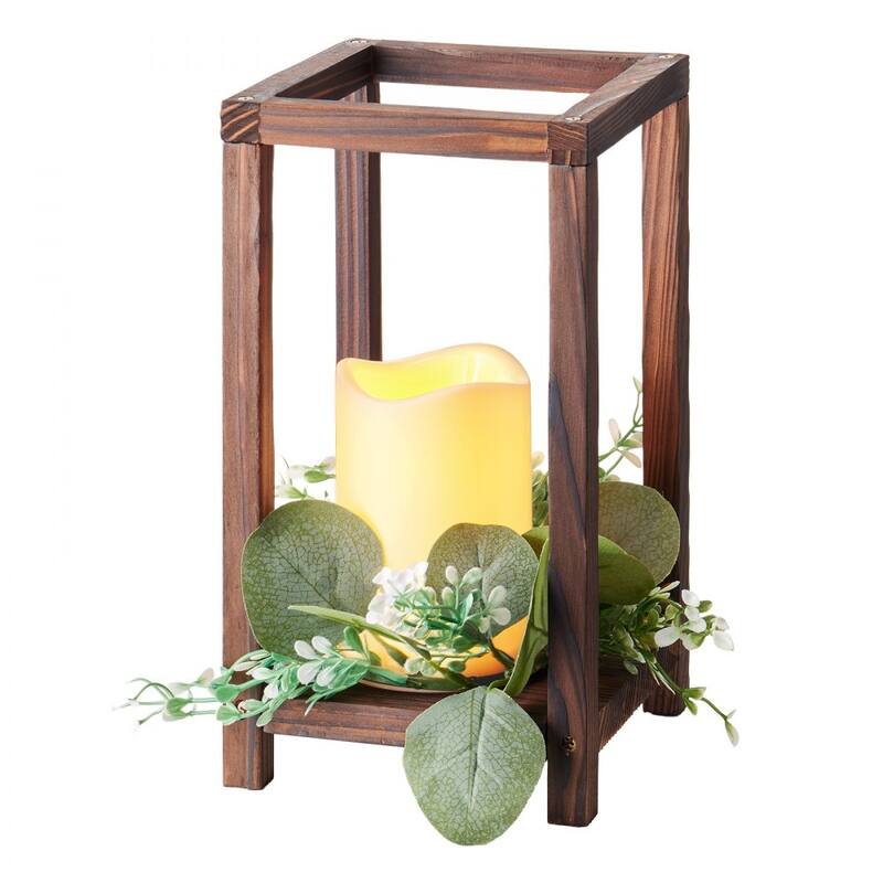 Wooden Wedding Lantern Set with LED Candles and Eucalyptus Wreath Rustic Cedar Table