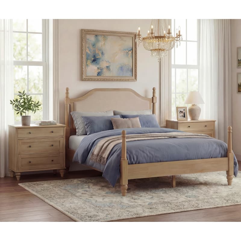 3 Piece Bedroom Set, Queen Size Bed Frame & Set of 2 Nightstands, Oak