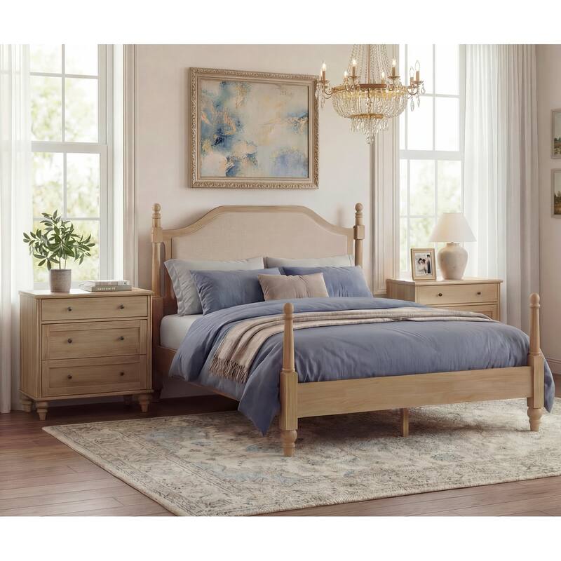 WAMPAT Wood Platform Bed Frame with Upholstered Headboard, Oak