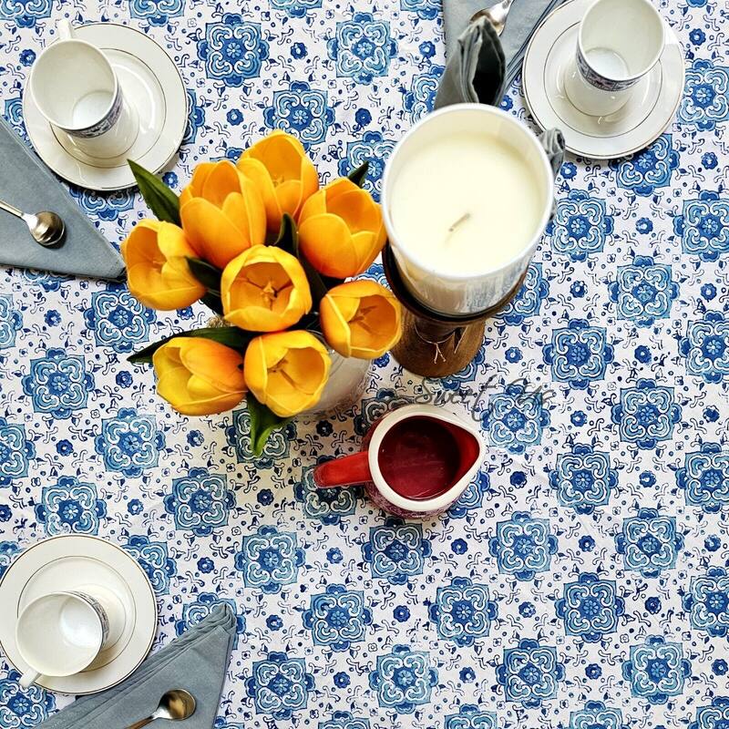 Cotton Springtime Splendor Tablecloth Collection, Ice Blue