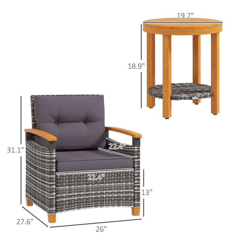 3 Pieces Patio Bistro Set Wooden with Cushions, PE Wicker Patio Furniture Outdoor for Porch, Backyard, Garden