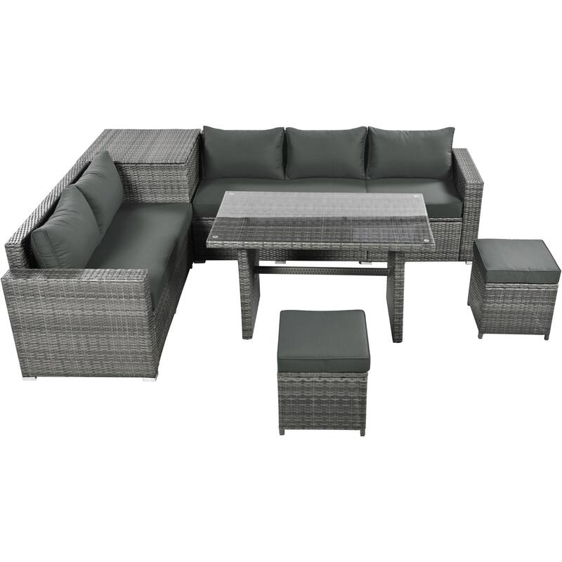 Outdoor 6-Piece Rattan Modular Sectional Sofa Set with Storage & Dining Table