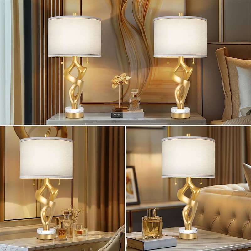 Gold Leaf Finish Rustic Bedside Lamps with S Cluster Pull Chains Switch