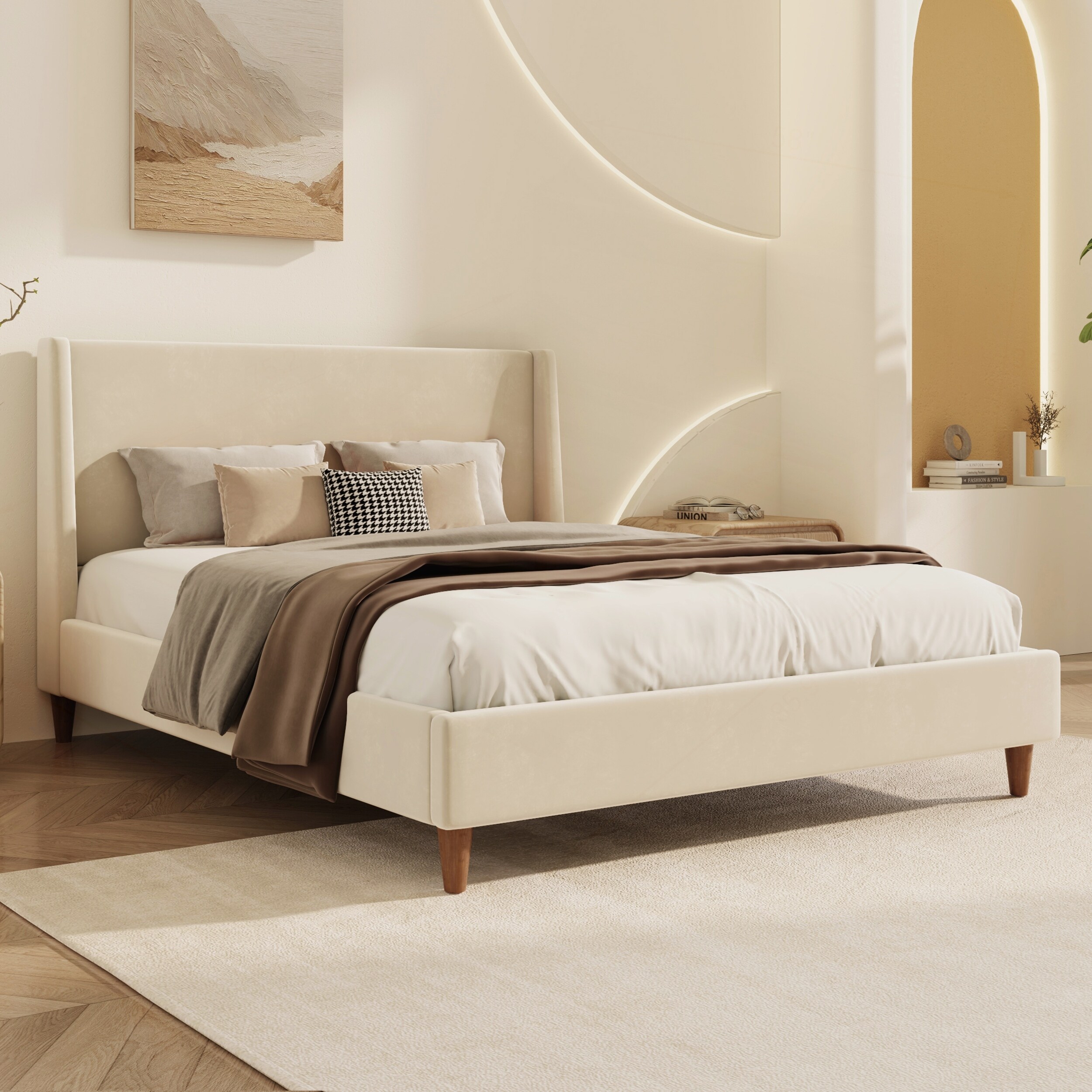Luxurious Velvet Upholstered Platform Bed with Stylish Headboard