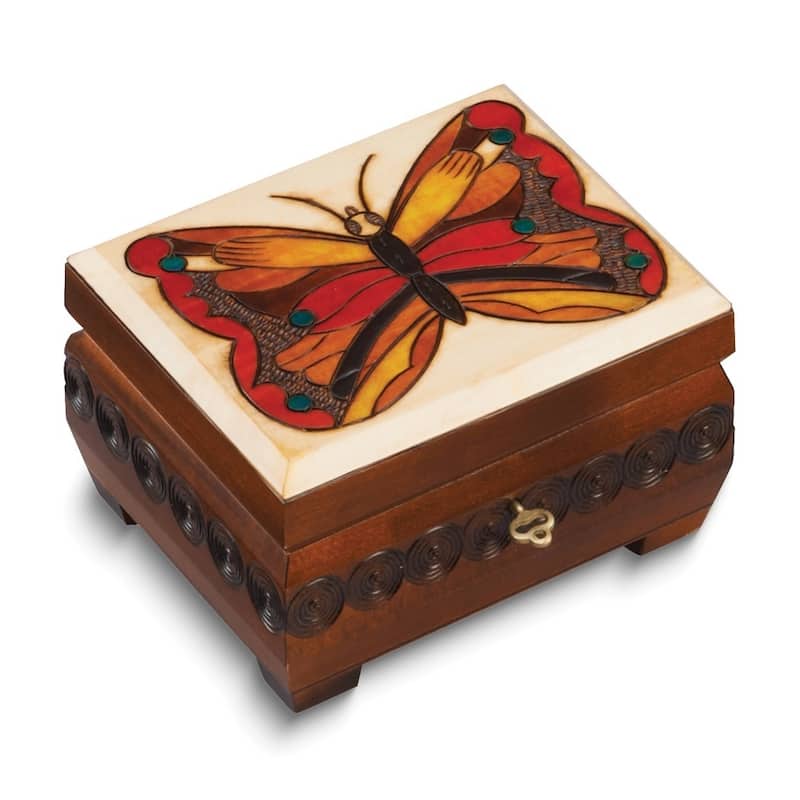 Curata Handcrafted Solid Wood Butterfly Carved and Painted Locking Keepsake Box