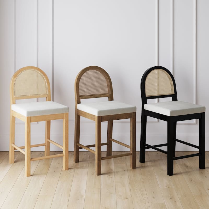 Bailey Boucle Upholstered Rattan Bar Stool or Counter Height Stool with Natural Rattan Woven Back For Kitchen Island