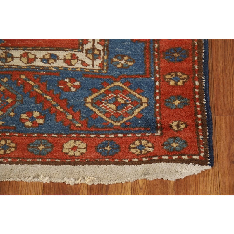 Hand Knotted Oriental 100% Wool Carpet Traditional Geometric Oranges & Rust Heriz (serapi) Runner Rug - 12' 7'' X 2' 10''