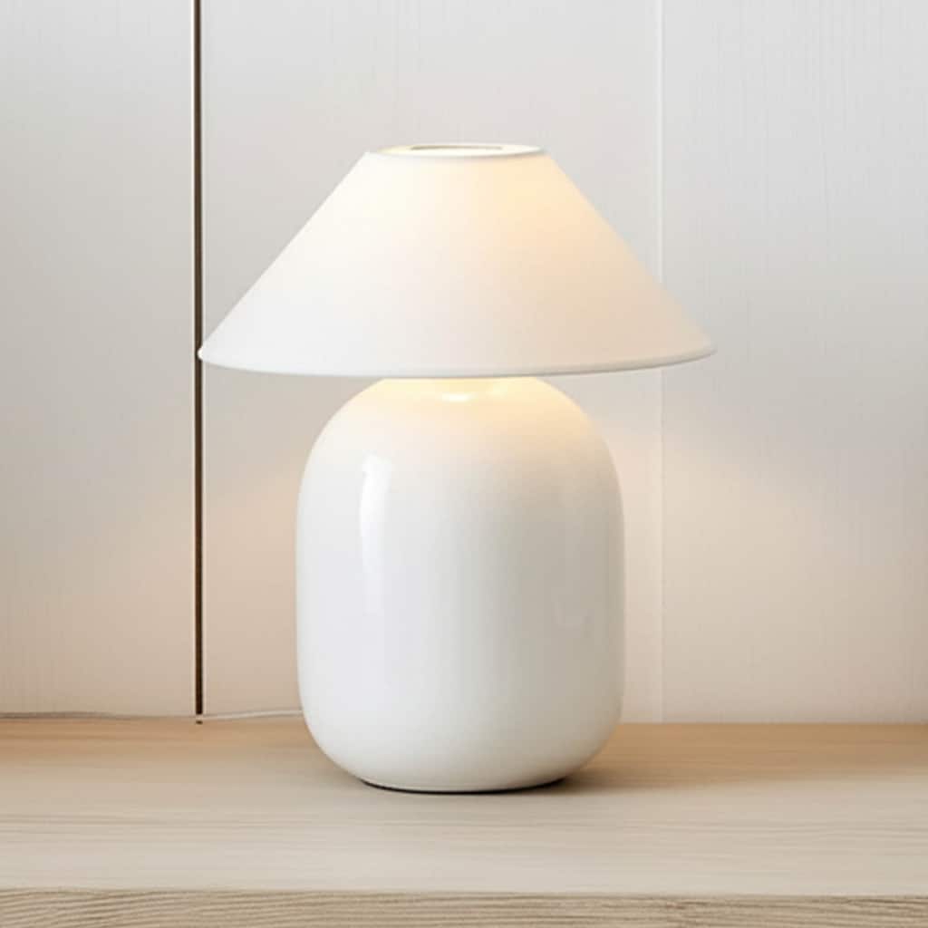 Ren LED 7.87 in Glossy Cream Midcentury Modern Urn Dimmable Cordless Portable Rechargeable Bedside Nightstand Desk Lamp