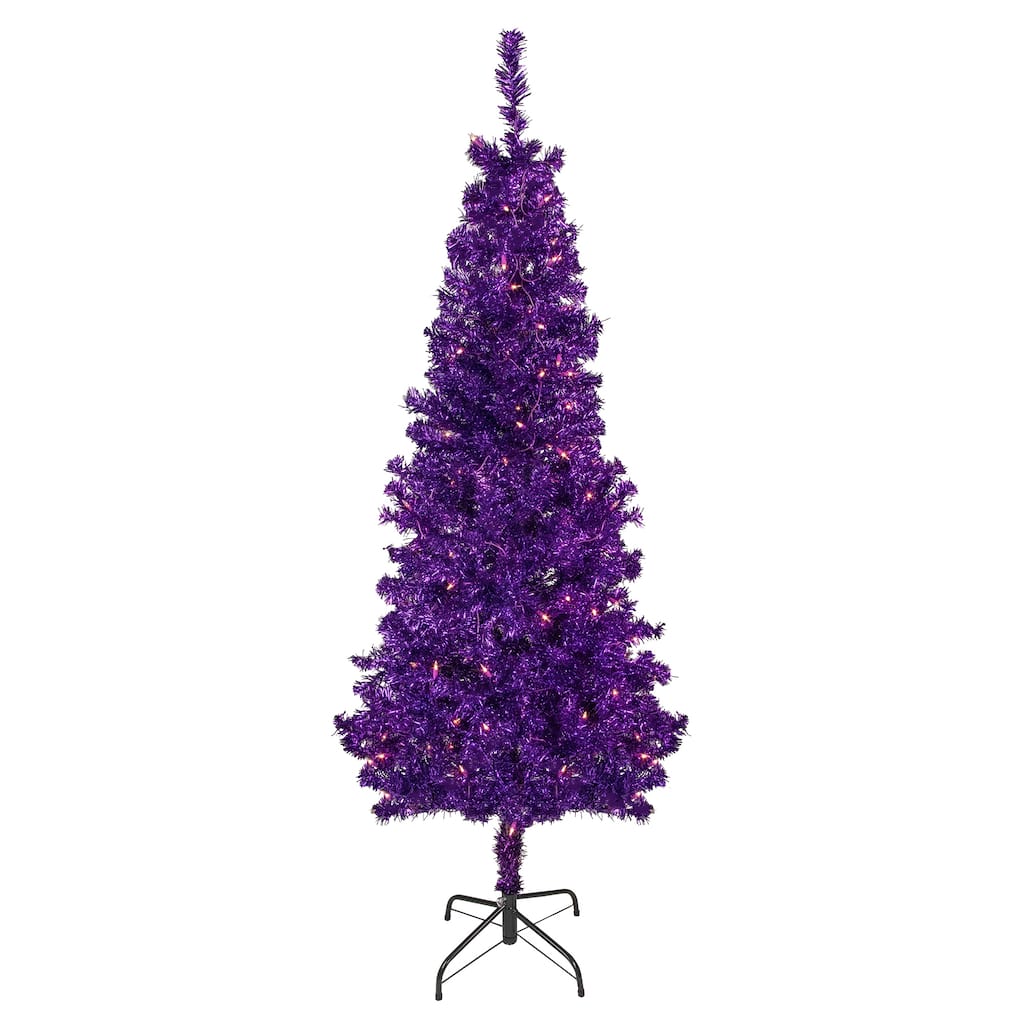 6' Pre-Lit Purple Artificial Tinsel Christmas Tree, Clear Lights - 6 Foot