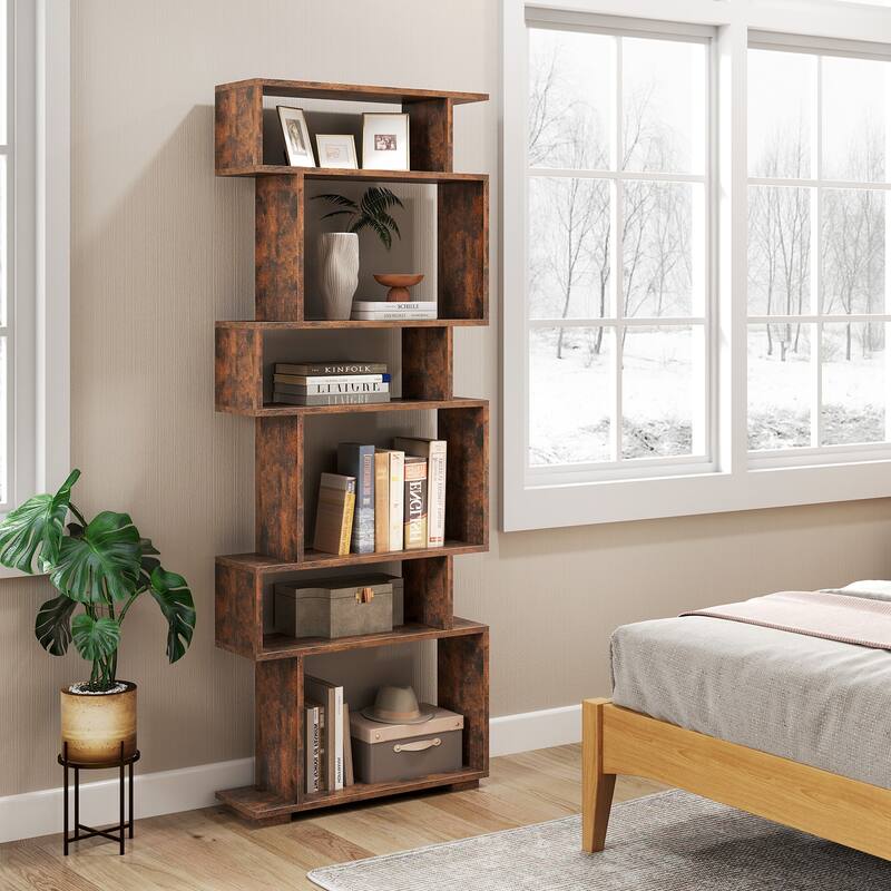 Engineered Wood 6-Tier S-Shaped Bookshelf with Anti-Tip Kits - 24" L x 8" W x 64" H
