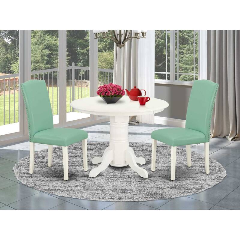Dinette Set 3Pc Round Table & 2 Parsons Chairs - 42" Kitchen Table Set - Linen White Legs, Pond PU Leather