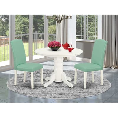 Dinette Set 3Pc Round Table & 2 Parsons Chairs - 42" Kitchen Table Set - Linen White Legs, Pond PU Leather