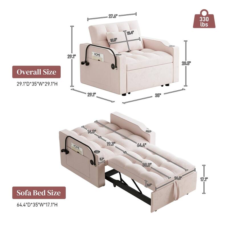 Ouyessir 3 in 1 Multi-Functional Convertible Single Sleeper Sofa Bed for Small Living Spaces