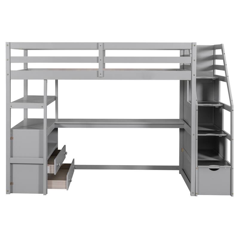 Twin Storage Loft Bed with All-in-One Desk and Shelves, Loft Bed Frame with 2 Built-in Drawers, Storage Staircase - Grey