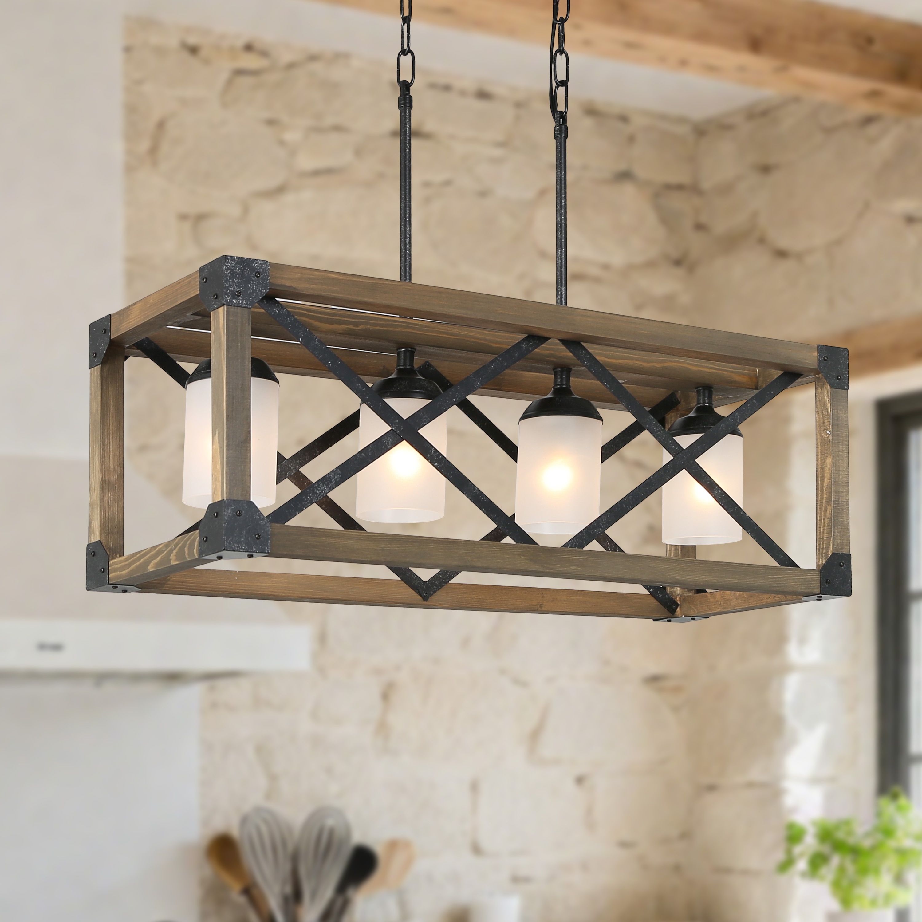 Farmhouse Rustic 4-Light Wood Chandelier Glass Kitchen Island Light
