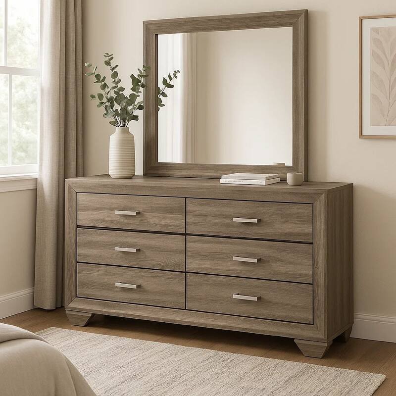 Bello Wide Dresser with Matching Mirror, 6 Drawers, Washed Taupe Wood