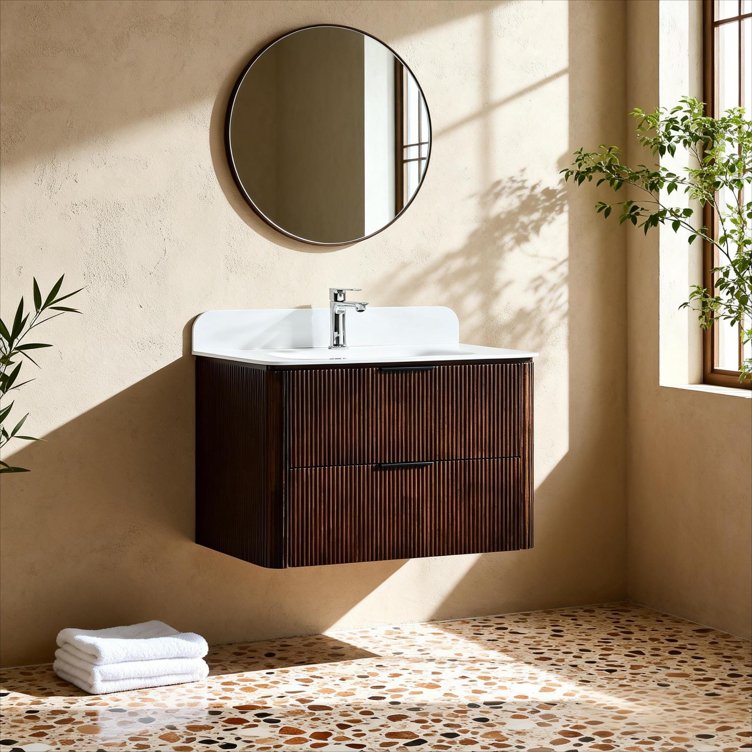 24/30/36 Inch Floating Wall-Mount Single Bathroom Vanity with Sink, Fluted Wood Grain and Curved Edges, Walnut/Oak/Matte Black