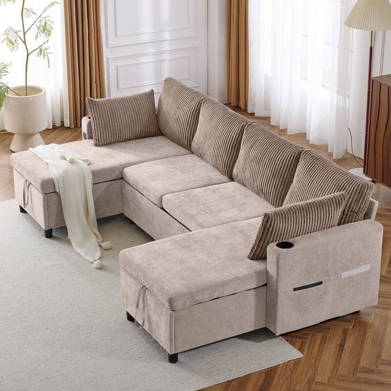 111.8" Sectional Pull-out Sofa Bed, Brown, Chenille, with Storage, USB & Cup Holders for Living Room