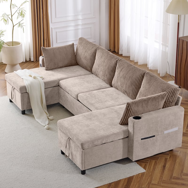 Corduroy L-shaped Sofa Sectional Sofa with 2 USB Ports and 2 Power Sockets, Storage Drawer Settee for Living Room