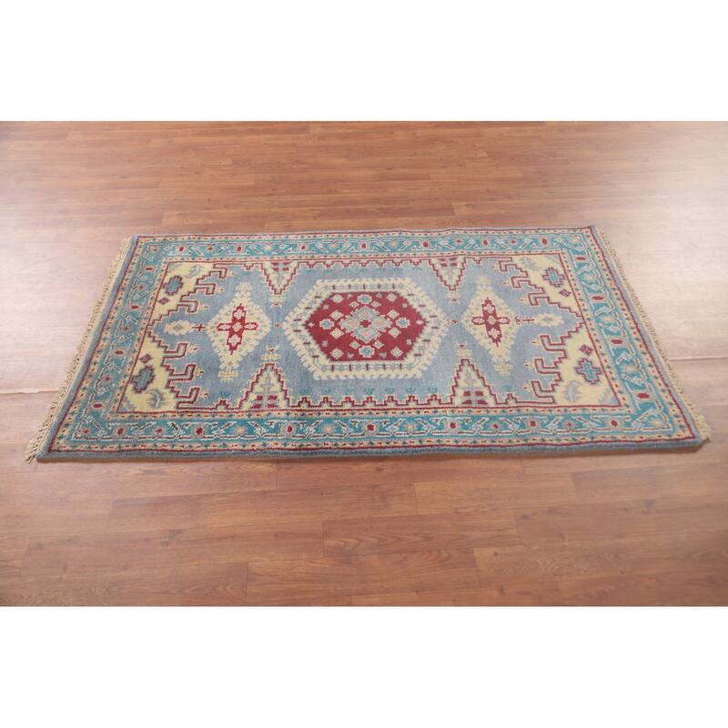 Geometric Kazak Accent Rug Handmade Blue Wool Carpet - 3'0"x 4'11"