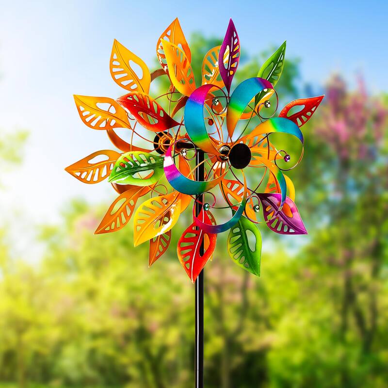 75 in. Colorful Filigree Leaves Metal Wind Spinner