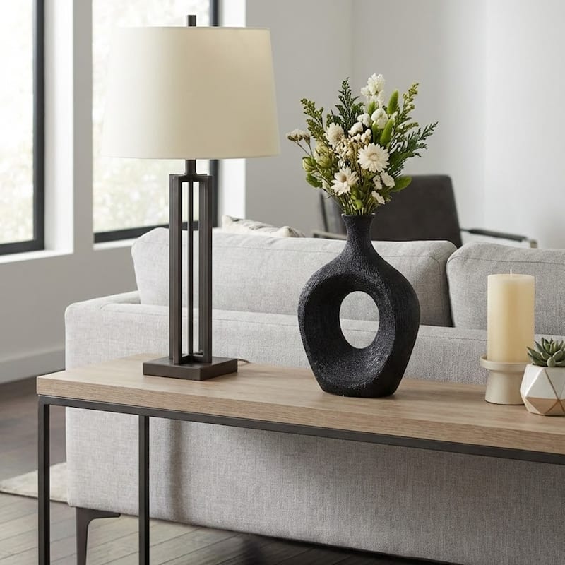 Modern Oval Ceramic Table Vase Cut-Out Design - 9.75" - Black