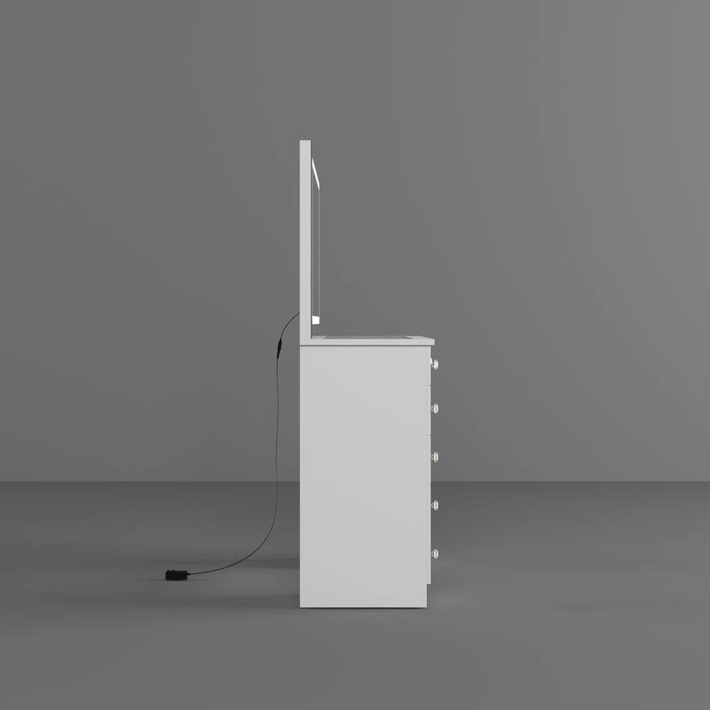 White Vanity Desk with Large LED Lighted Mirror & Glass Tabletop, Makeup Table with 11 Drawers