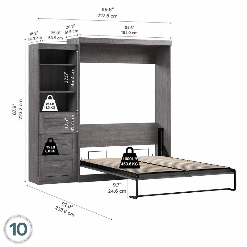 Bestar Pur Queen Murphy Bed with Shelving Unit and Drawers (90W)
