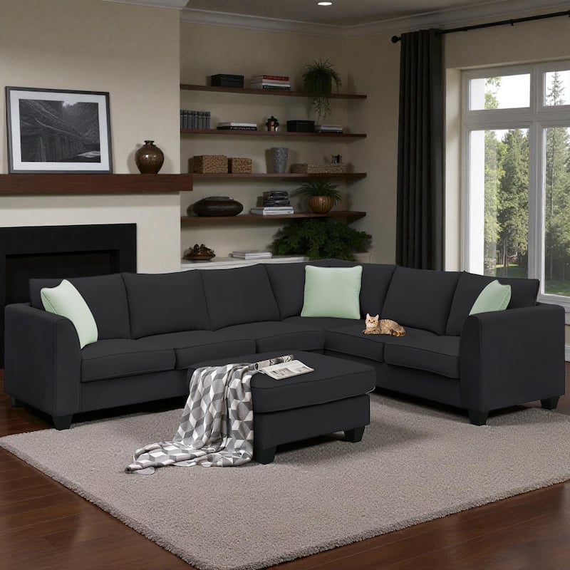 112" x 87" Modular Sectional Sofa 7-Seat L-Shaped Couch with Ottoman Fabric Corner Sofa Set with 3 Pillows for Living Room